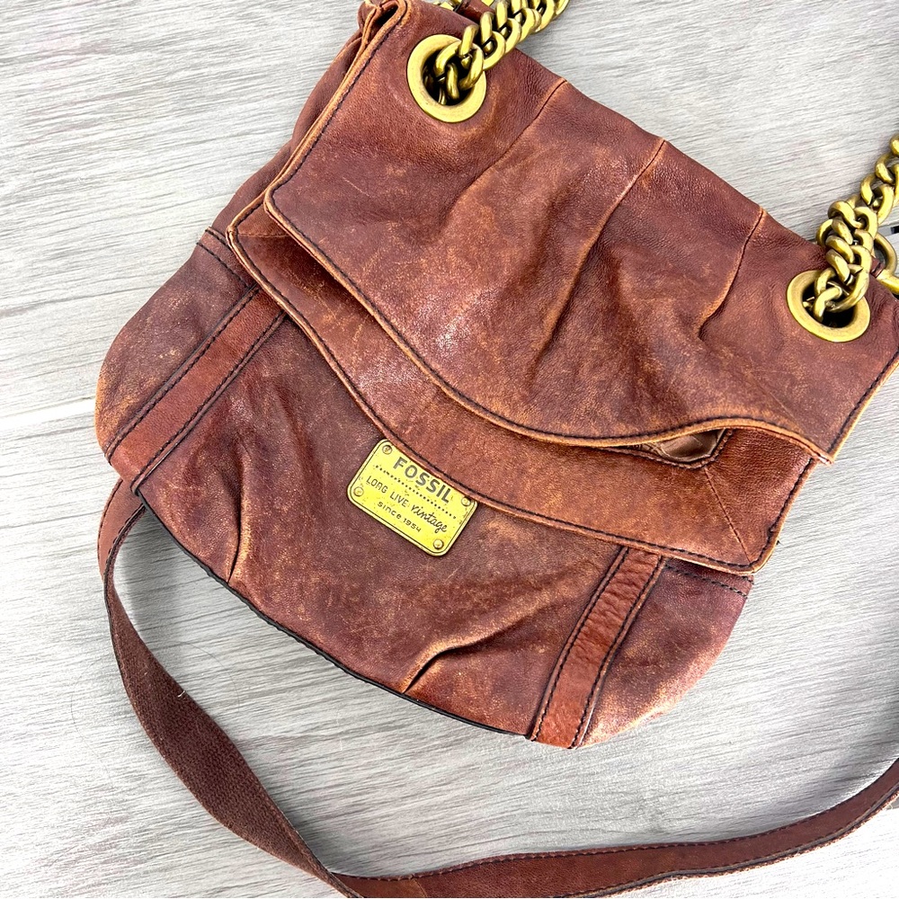 Fossil Brown Leather Chain Crossbody Shoulder Bag Boho - Picture 3 of 10